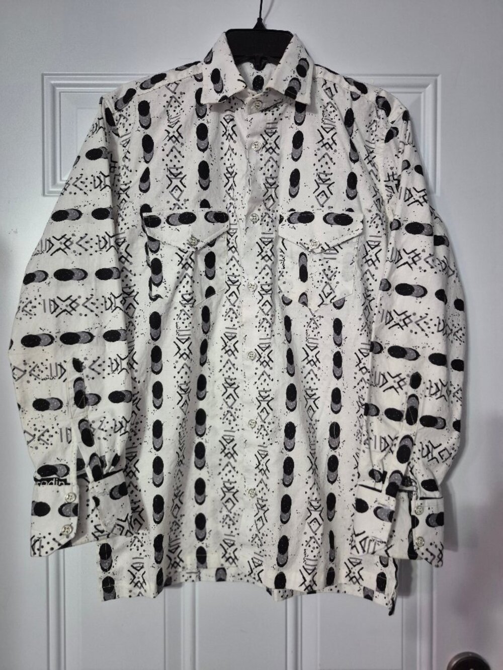 Men's shirt. Woodin / Ghana. No size or fabric tags. Black/white print.